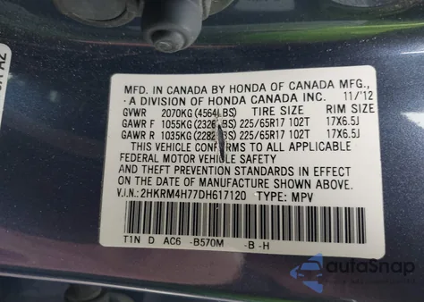 2013 Honda Cr-V Ex-L z USA, uszkodzony, nr VIN 2HKRM4H77DH617120